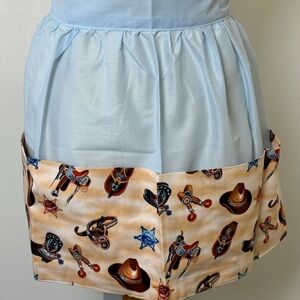 Aprons Hand Crafted Blue Cotton Percale Applied Cowboy Design Pockets